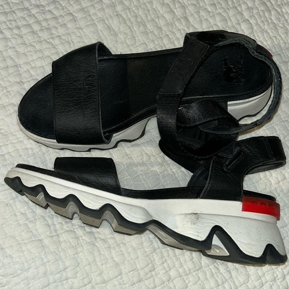 Sorel Black and White Platform Sport Sandals with Red Accent